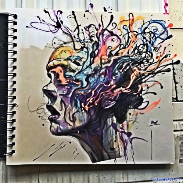 The image depicts a vibrant, abstract painting of a human profile. The person's head is filled with an explosion of colourful, swirling lines and splatters that extend outward, giving the impression of thoughts or creativity bursting forth. The face, rendered in shades of purple, blue, and orange, shows a strong and expressive profile. The background is a light, neutral tone that contrasts with the vivid colours of the head, making the abstract elements stand out even more. The artwork combines elements of both realism and abstraction, creating a dynamic and thought-provoking visual effect.