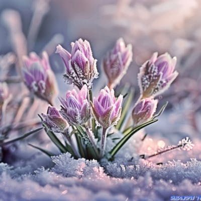 Pink crocus flowers emerging from snow, capturing the delicate beauty of early spring with frost on the petals.